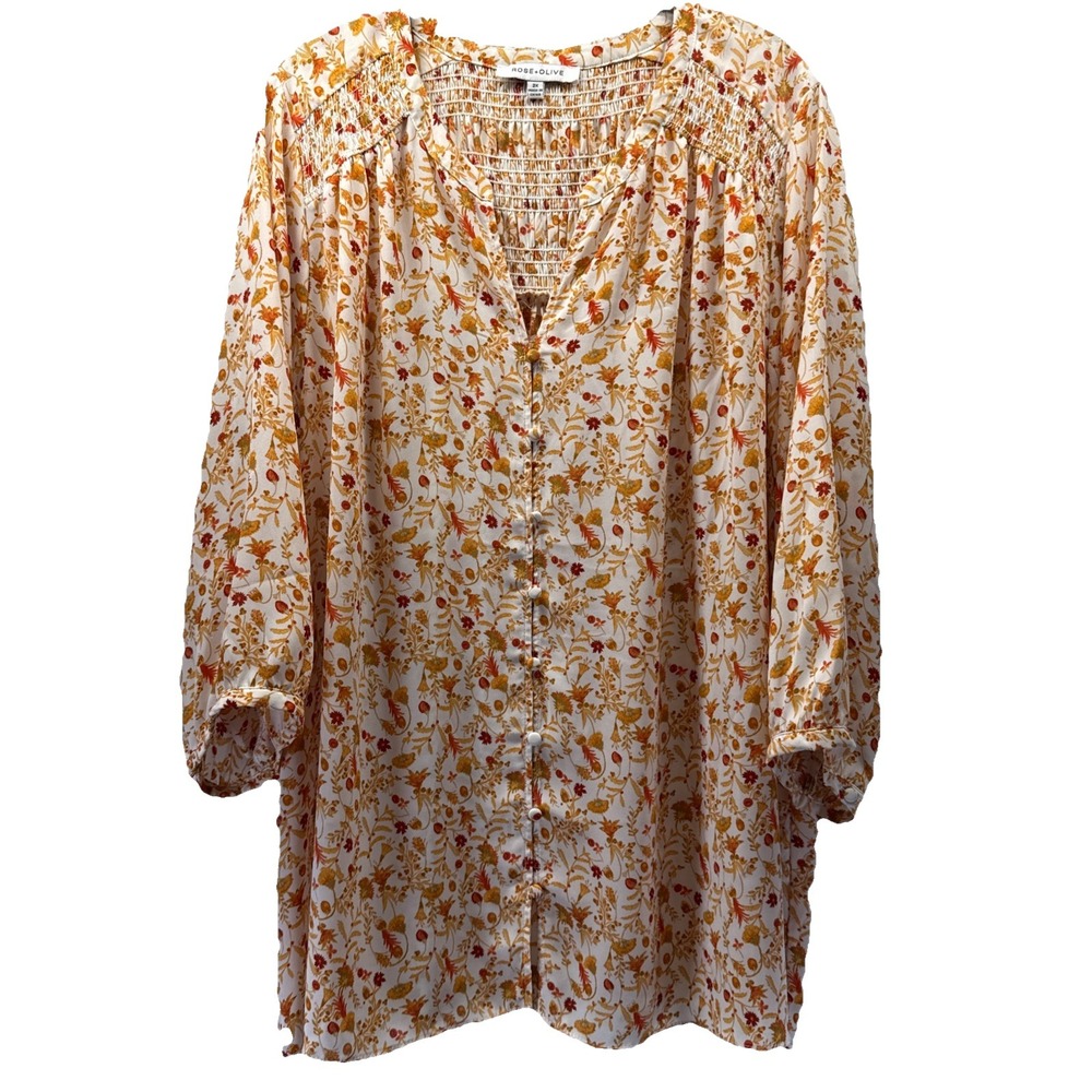 Rose & Olive Women's Top Size 3X Orange White Floral 3/4 Sleeve Button Up V Neck